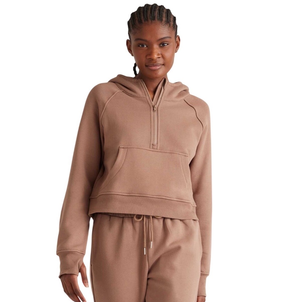 Quince Organic Cotton Heavyweight Fleece Cropped Half Zip Hoodie Taupe S